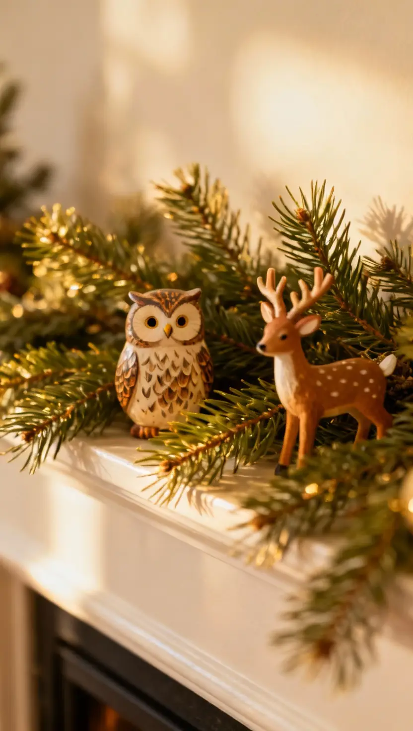 A photo of a mantel draped with pine boughs and tiny, charming woodland creatures like owls and deer figurines.