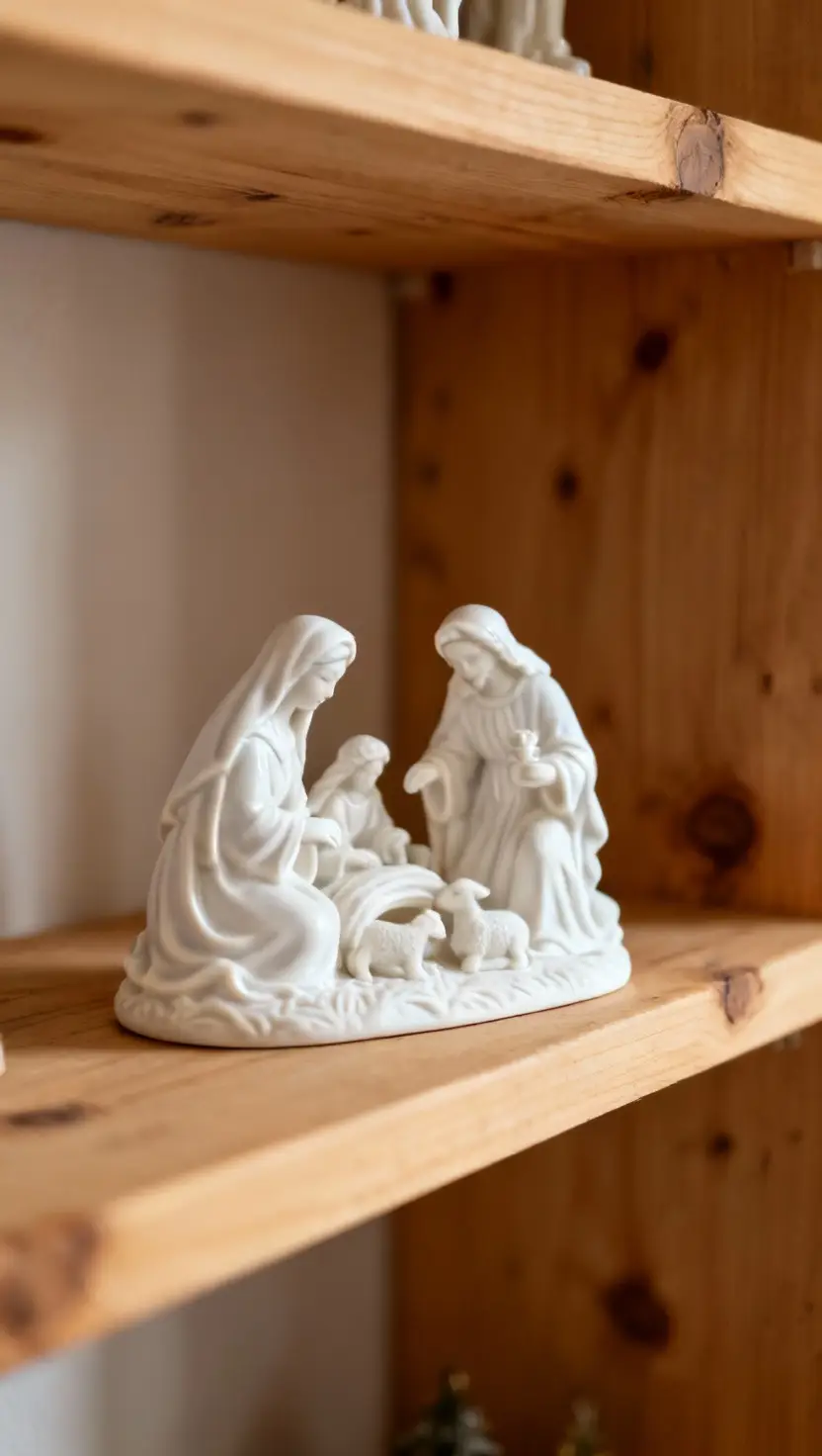 White Ceramic Nativity Set as Shelf Centerpiece
