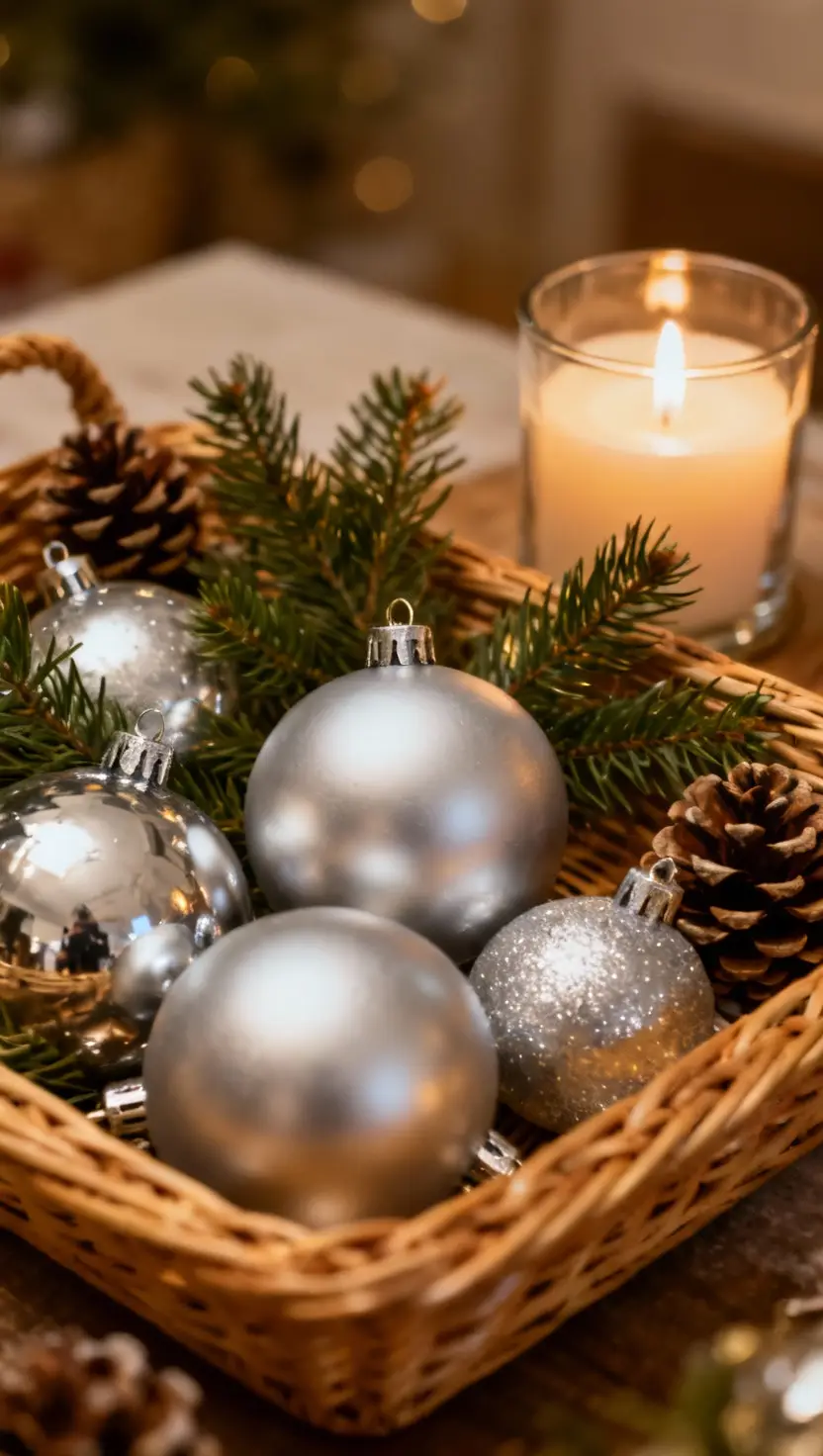 Wicker Tray With Large Silver Ornaments, Evergreens, a Candle in a Glass Candle Holder and Pinecones
