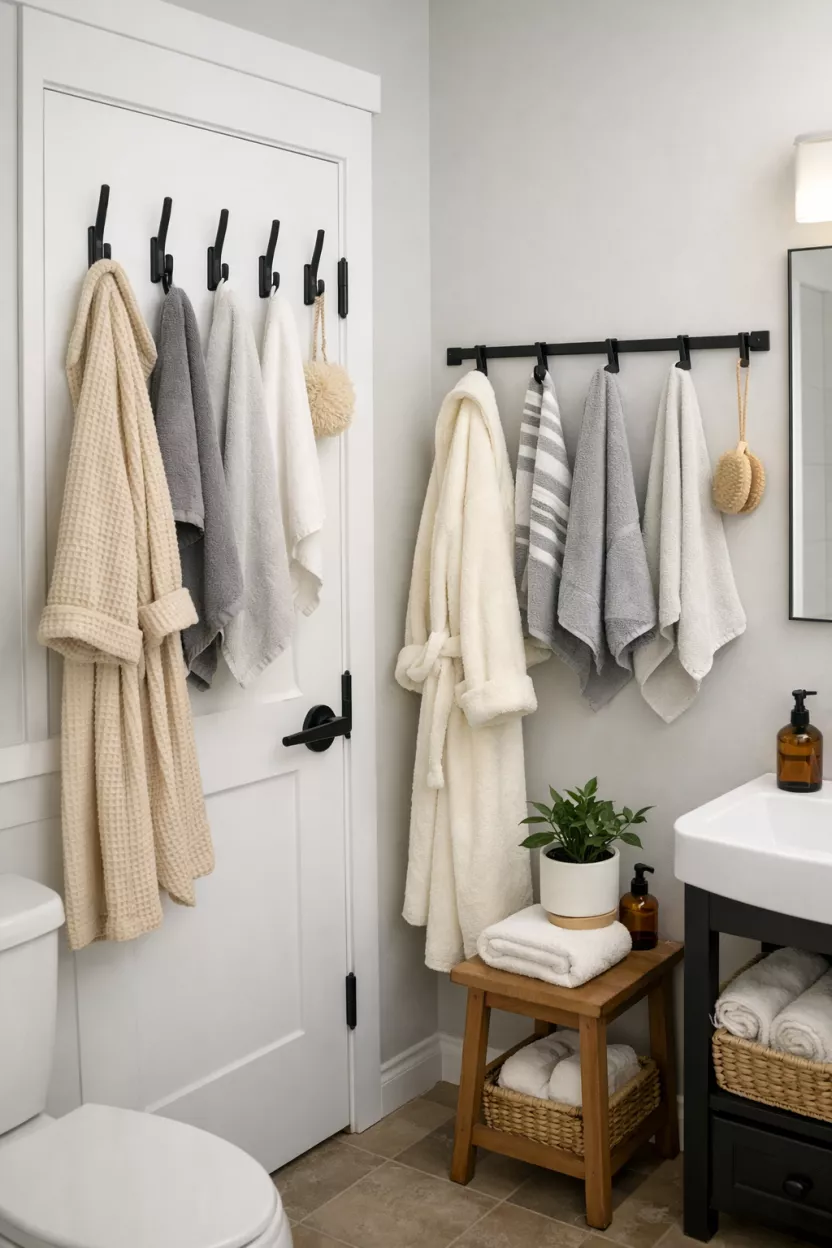 A small bathroom, featuring multiple sleek hooks on the back of the door and a slim metal rail on a free wall, holding towels and robes, rather than bulky traditional towel bars.