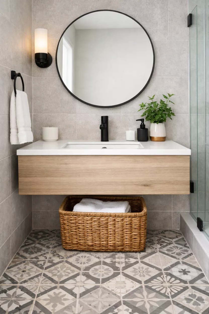A small bathroom, featuring a sleek, wall-mounted vanity that hovers above the floor, showing off more of the tile below, creating an illusion of increased space, with a small basket neatly tucked underneath.