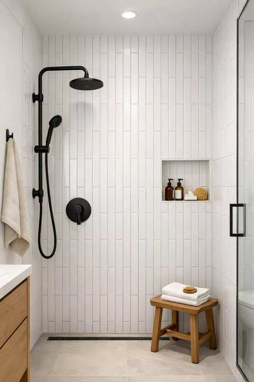 A small bathroom, featuring vertically oriented subway tiles on the shower wall, extending from floor to ceiling, creating a strong sense of height, with a clean and orderly stacked layout.