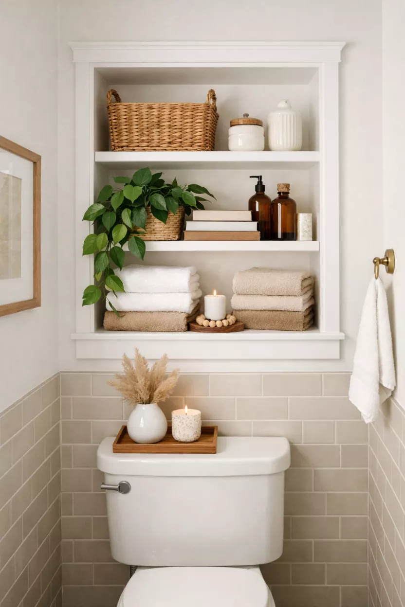 A small bathroom, featuring a carefully styled, built-in shelving unit above the toilet, adorned with folded towels, a lush green plant, and a wicker basket, making it look like decor, not just storage.