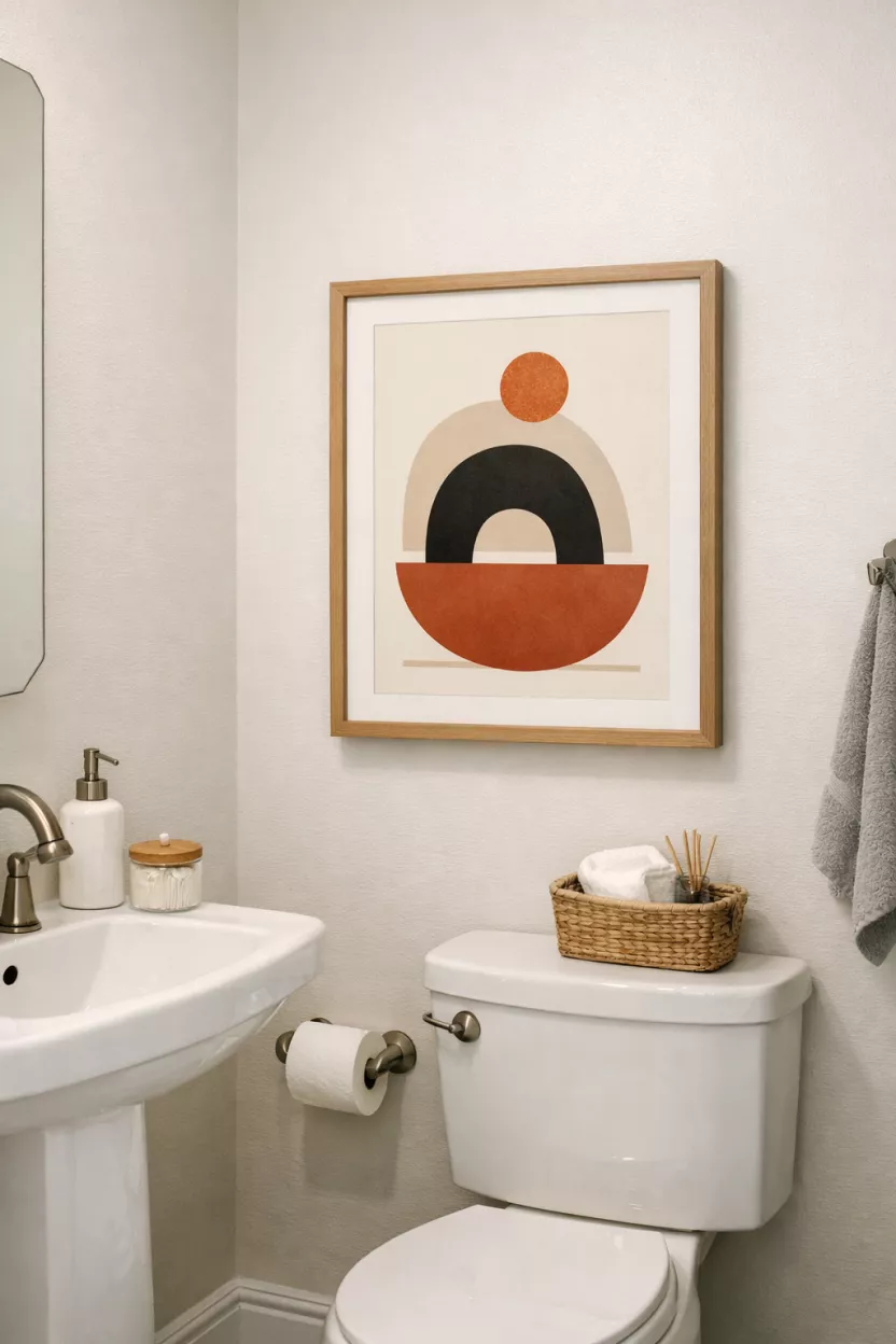 A small bathroom, featuring a single, abstract framed print with a simple wooden frame, hanging gracefully on a neutral wall, adding personality without overwhelming the compact space.