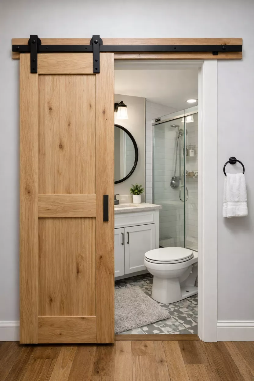 A small bathroom, featuring a sliding barn door at its entrance, made of a light wood, which saves valuable floor space inside and outside the bathroom.
