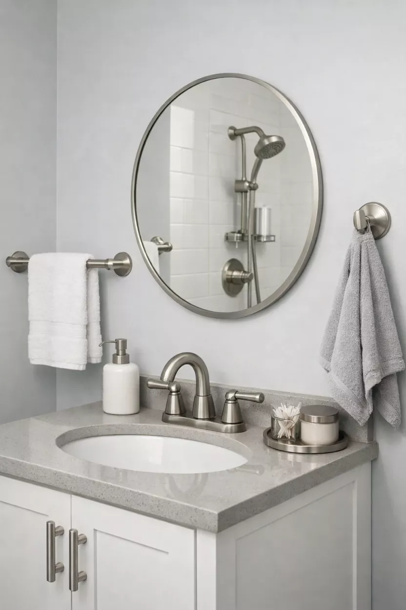 A small bathroom, featuring all hardware and fixtures in a single, brushed nickel finish, including the faucet, towel bar, and robe hook, showcasing simple, slightly rounded profiles for a streamlined and modern look.