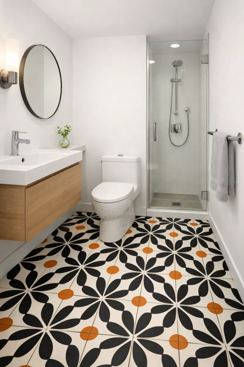 A small bathroom, featuring a bold, graphic patterned tile on just the floor, with the rest of the walls in a quiet, solid white, allowing the floor to be a striking focal point, complemented by simple, modern fixtures.