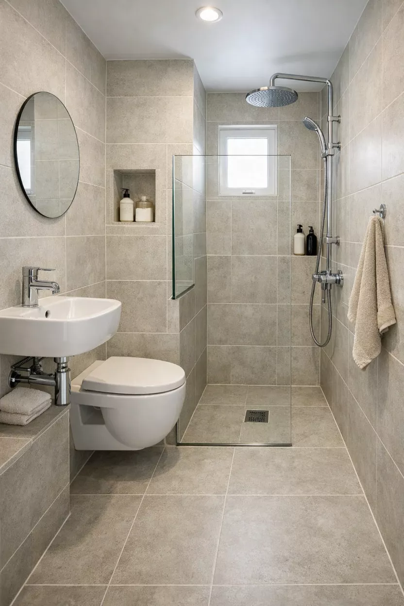 A micro bathroom, designed as a full wet-room, with continuous tiled flooring and walls, featuring a floor-level shower, and a simple half-glass screen to prevent spray, making the tiny space feel cohesive.