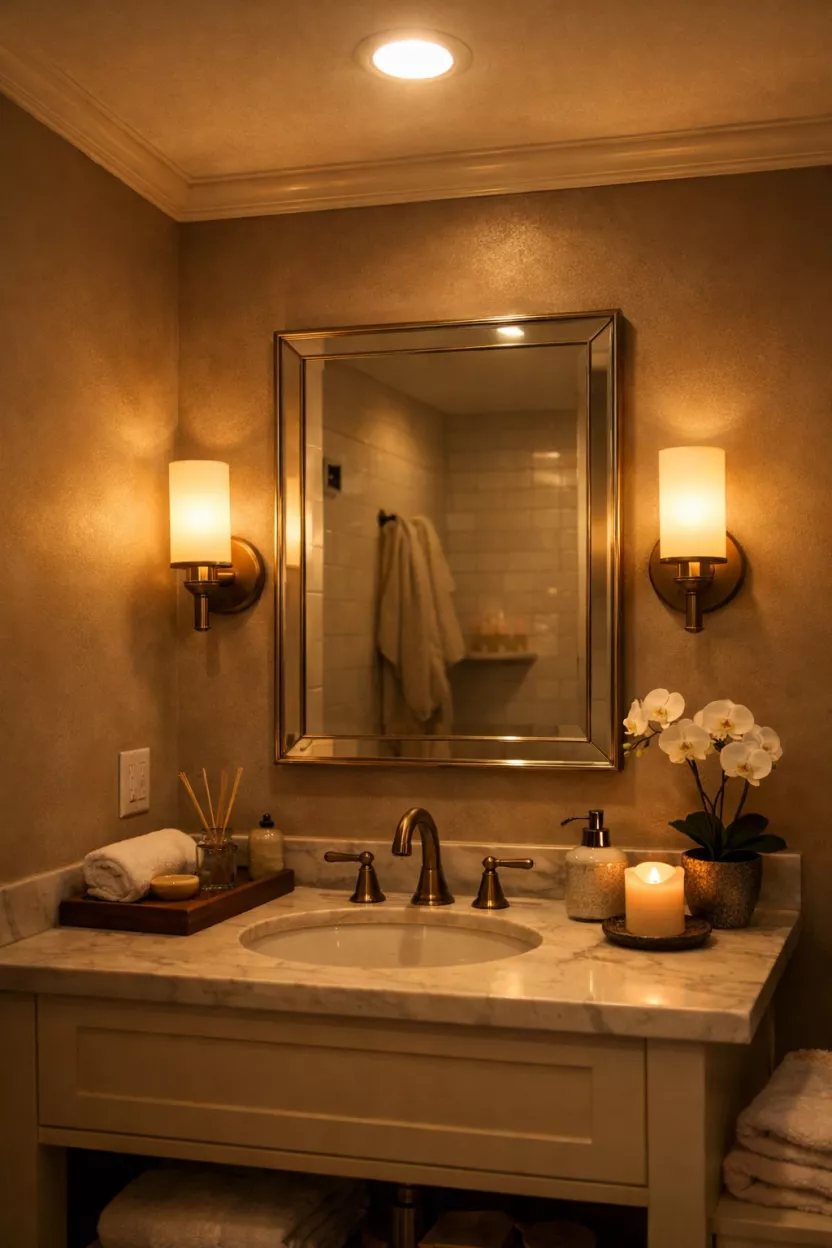 A small bathroom, featuring a combination of an overhead recessed light, and two sconces positioned at eye level flanking the mirror, all with warm, dimmable illumination, creating a spa-like ambiance.
