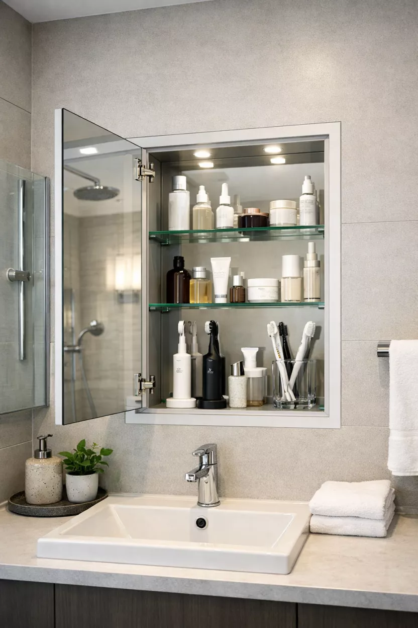 A small bathroom, featuring a recessed mirrored medicine cabinet, seamlessly integrated into the wall, providing hidden storage for skincare and toothbrushes, looking sleek and modern.