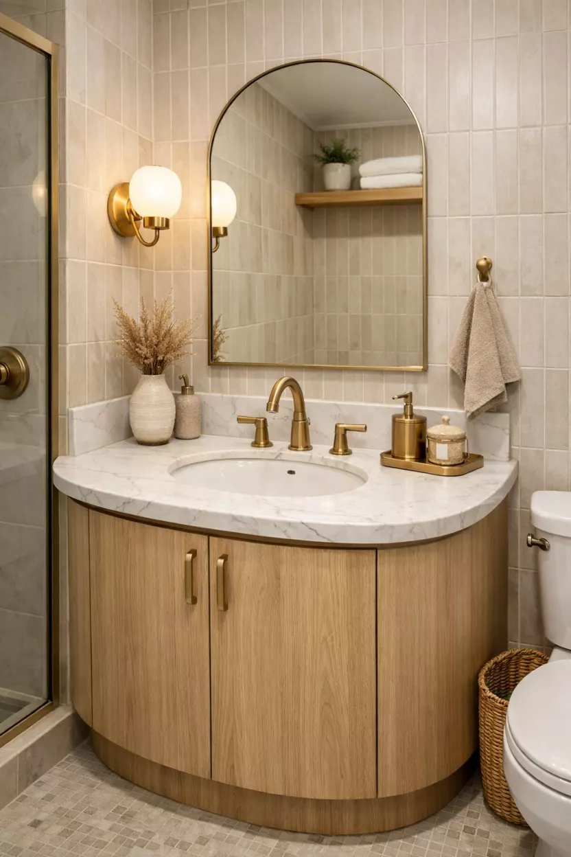 A small bathroom, featuring a vanity with soft, rounded corners and a curved front, complemented by a countertop with a gentle radius, creating a flowing and organic feel within a compact space.
