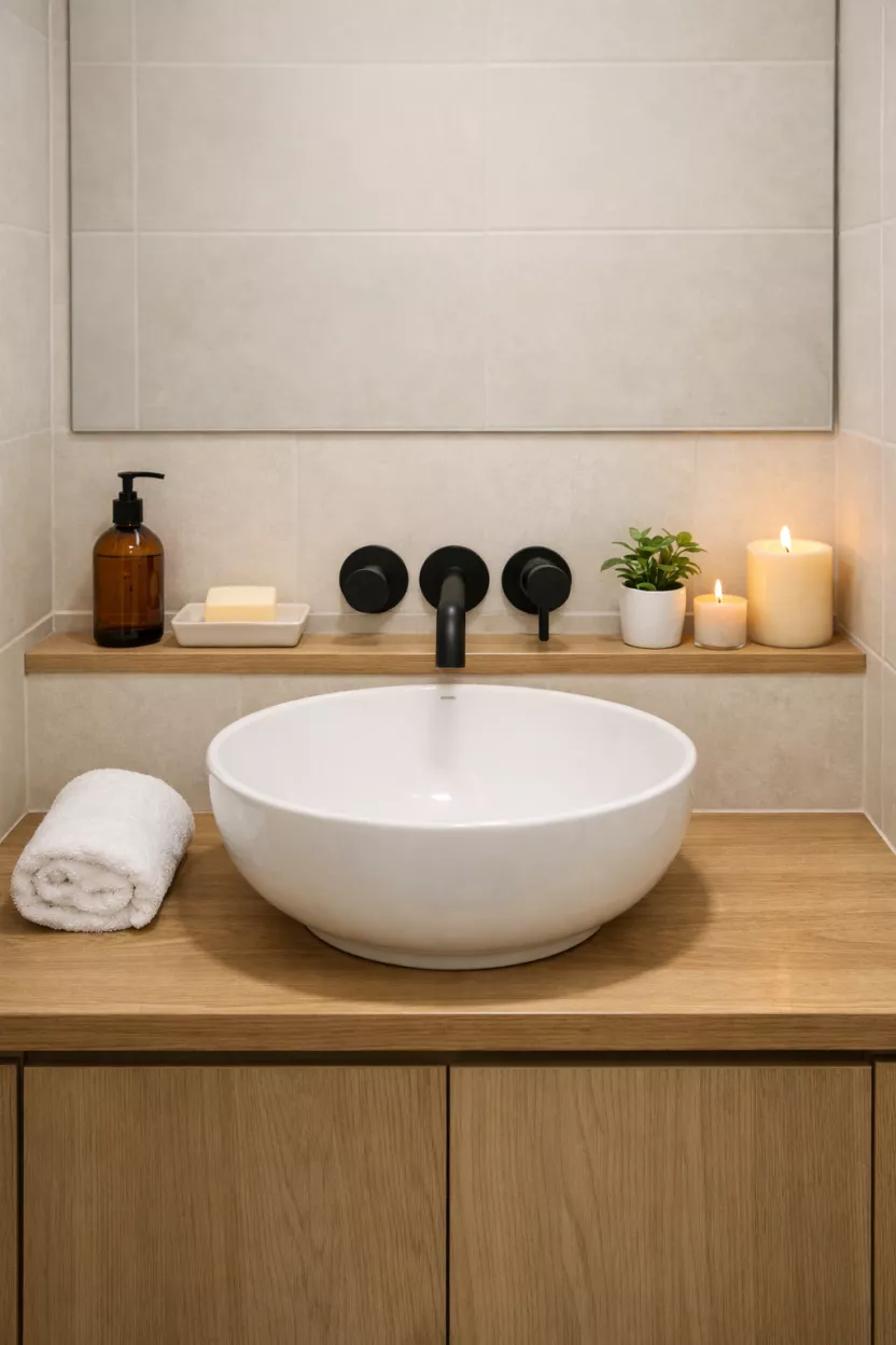 A small bathroom, featuring a shallow, narrow ledge running behind the sink, acting as both a mini shelf for soap and candles, and a subtle architectural feature, keeping the basin clear of clutter.