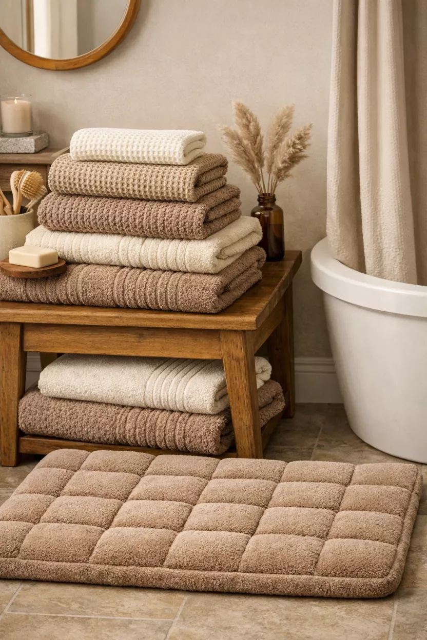 A small bathroom, featuring waffle weave and ribbed terry towels in warm neutral tones, carefully folded and stacked, alongside a thick, cushioned bath mat in a coordinating shade, adding soft texture.