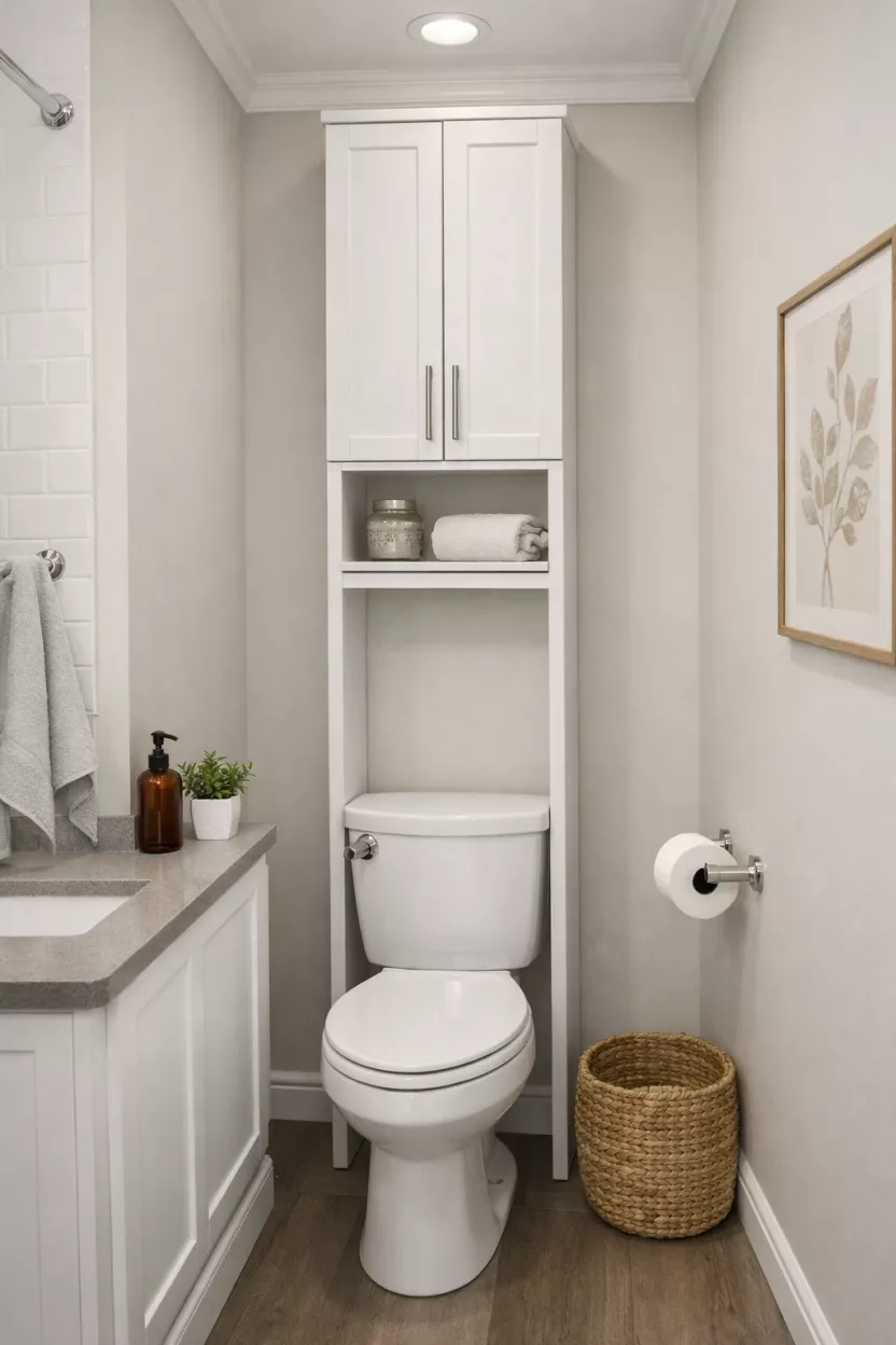 A small bathroom, featuring a tall, slim storage tower placed above the toilet, with closed doors to discreetly hide towels and toiletries, maximizing vertical space without adding bulk.