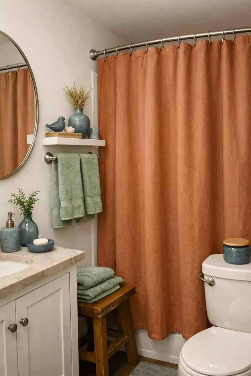 A small bathroom, featuring muted sage green towels, a clay-colored shower curtain, and subtle smoky blue accents through decorative items, creating a calming, nature-inspired aesthetic.