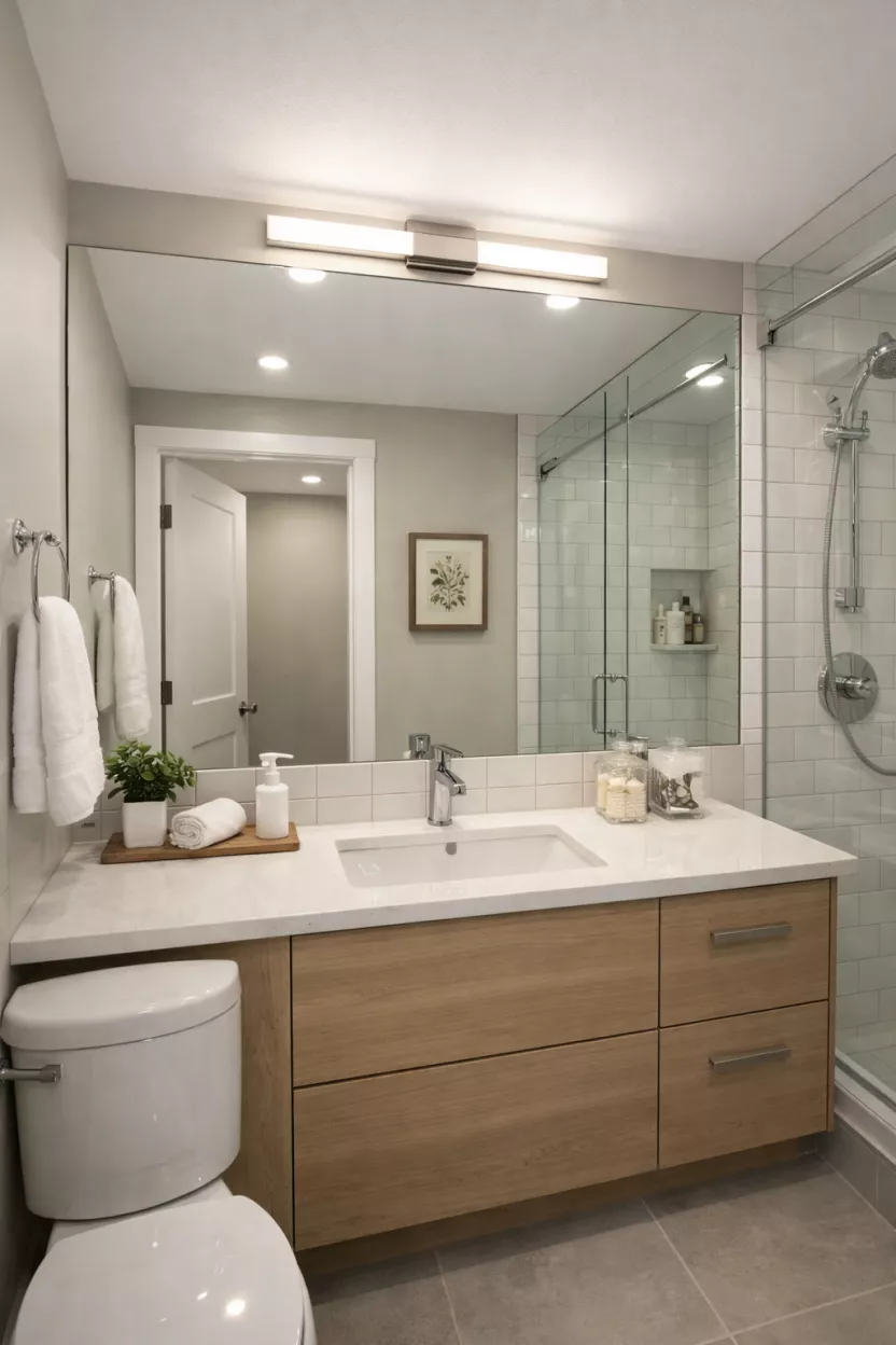 A small bathroom, featuring a wide, wall-to-wall frameless mirror installed above the vanity, reflecting light and making the compact room appear significantly larger.