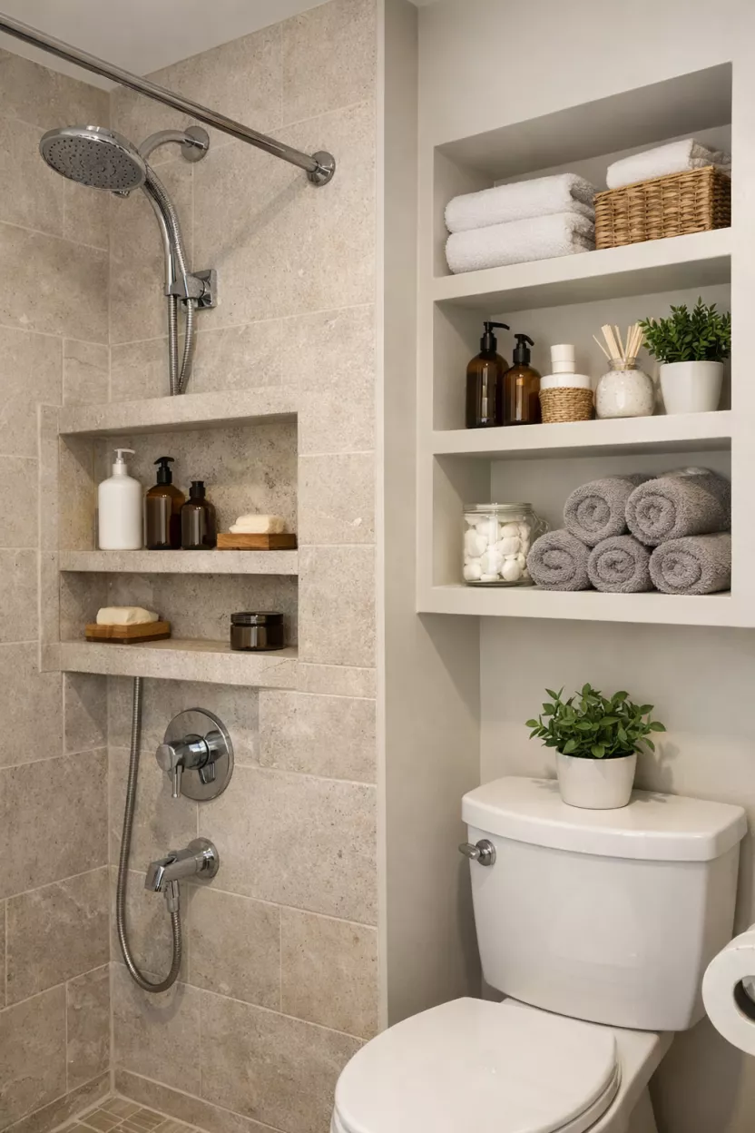 A small bathroom, featuring a recessed shower niche carved into the wall for toiletries, and built-in shelves above the toilet, keeping bottles and towels neatly tucked away, creating a custom and clutter-free look.
