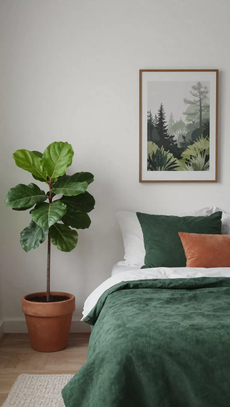 A small bedroom with biophilic touches, including one easy-care plant and nature-inspired art, complemented by forest-green textiles and terracotta accessories, creating a cohesive, natural look, no text.