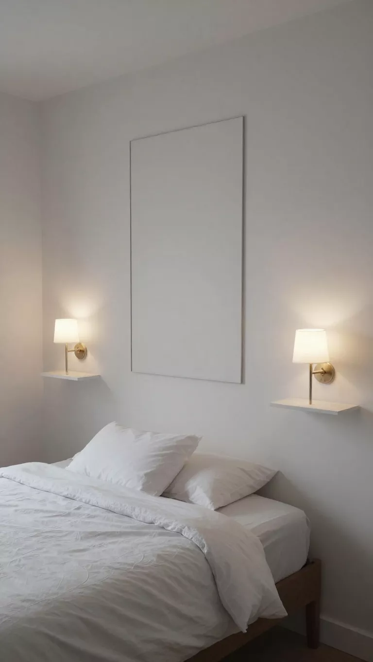A small bedroom with mirrored elements on both sides of the bed, including matching sconces and similar shelves, creating visual balance and an orderly, relaxing feel, no text.