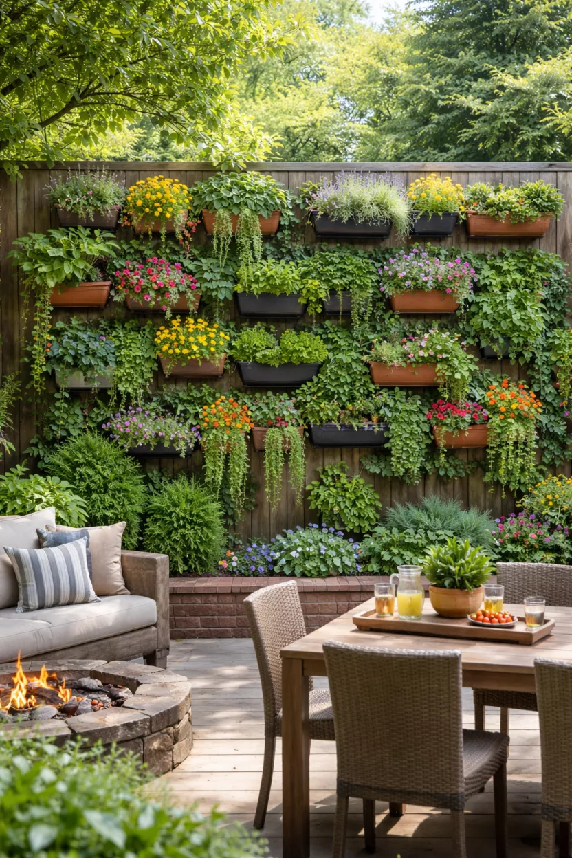 A photorealistic image of a typical American's backyard with a striking vertical garden covering a wall, featuring wall-mounted planters brimming with herbs, flowers, and trailing plants, creating a lush living wall effect.