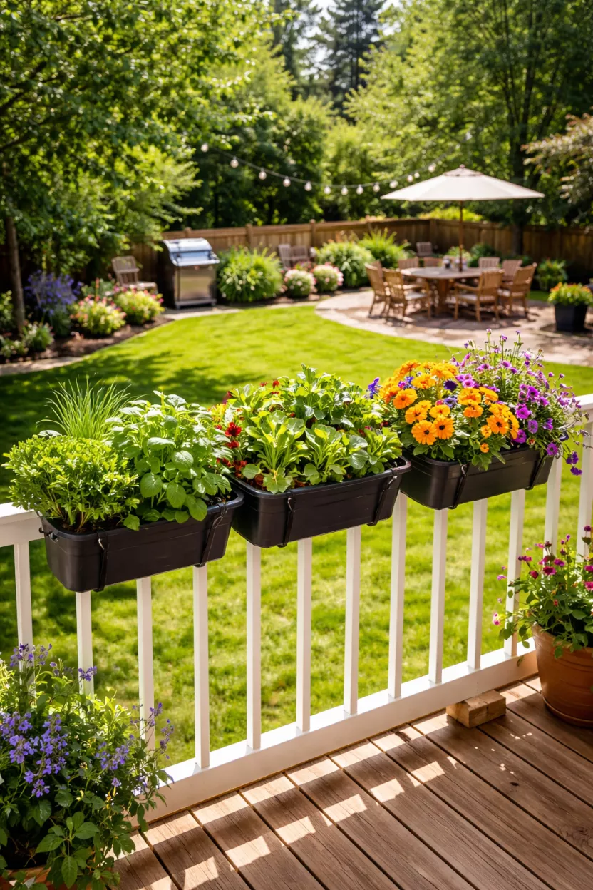 A photorealistic image of a typical American's backyard with a small balcony adorned with rail planters securely clipped onto the railing, overflowing with vibrant herbs, salad greens, and colorful flowers at eye level.