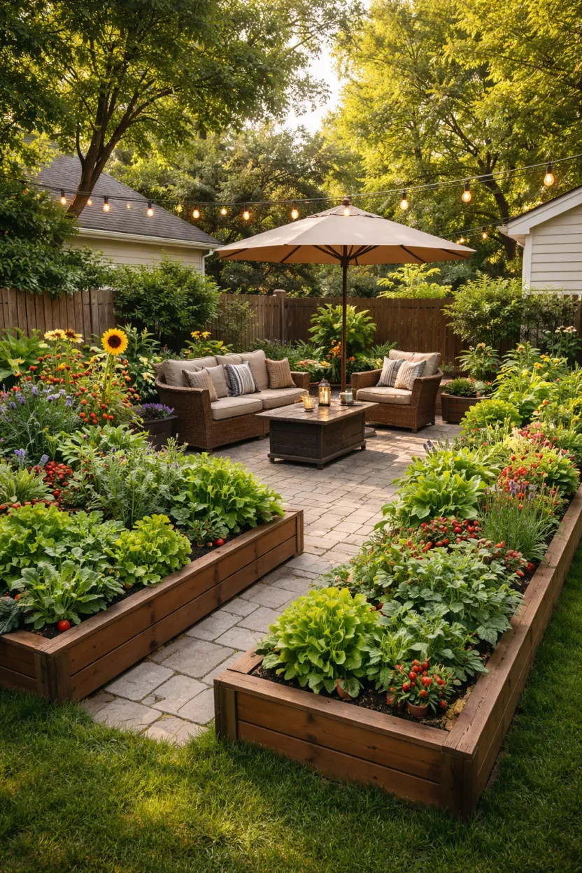 A photorealistic image of a typical American's backyard featuring a cozy patio with narrow, waist-height raised beds lining its edges, filled with various edible plants and pollinator-friendly flowers, acting as a lush green border.