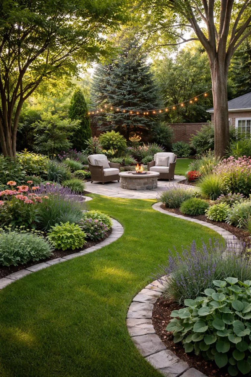 A photorealistic image of a typical American's backyard showcasing a serene garden with soft, curved planting beds and gentle edging, making the small space feel organic and flowing, echoing modern design trends.