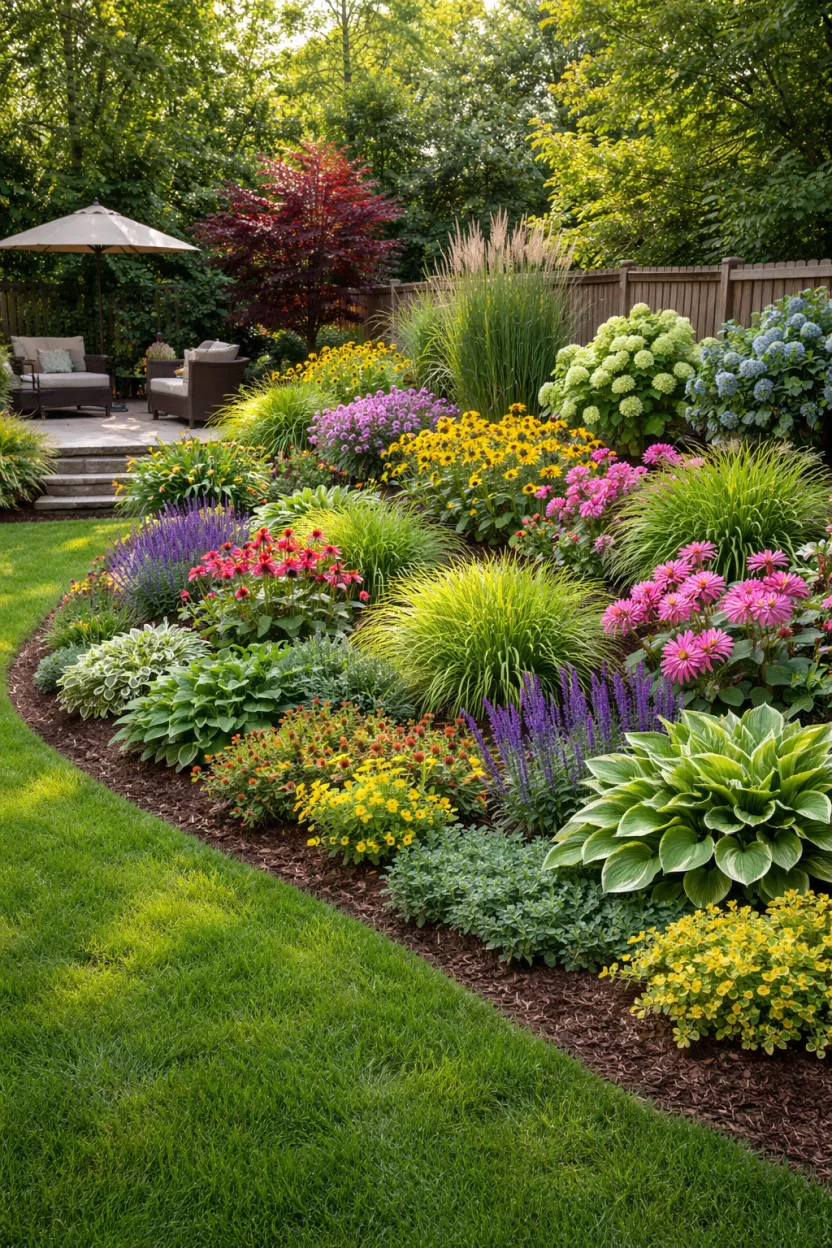 A photorealistic image of a typical American's backyard with a lush garden bed exhibiting layered planting, featuring groundcovers, mid-height plants, and taller structural plants creating impressive depth in a shallow space.