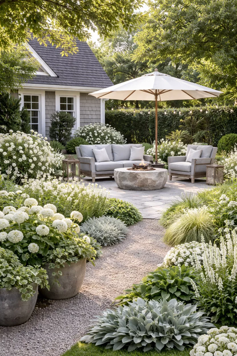 A photorealistic image of a typical American's backyard featuring a calming small garden planted with a monochrome palette, primarily using whites and soft greens for flowers and foliage to create a chic, uncluttered visual.