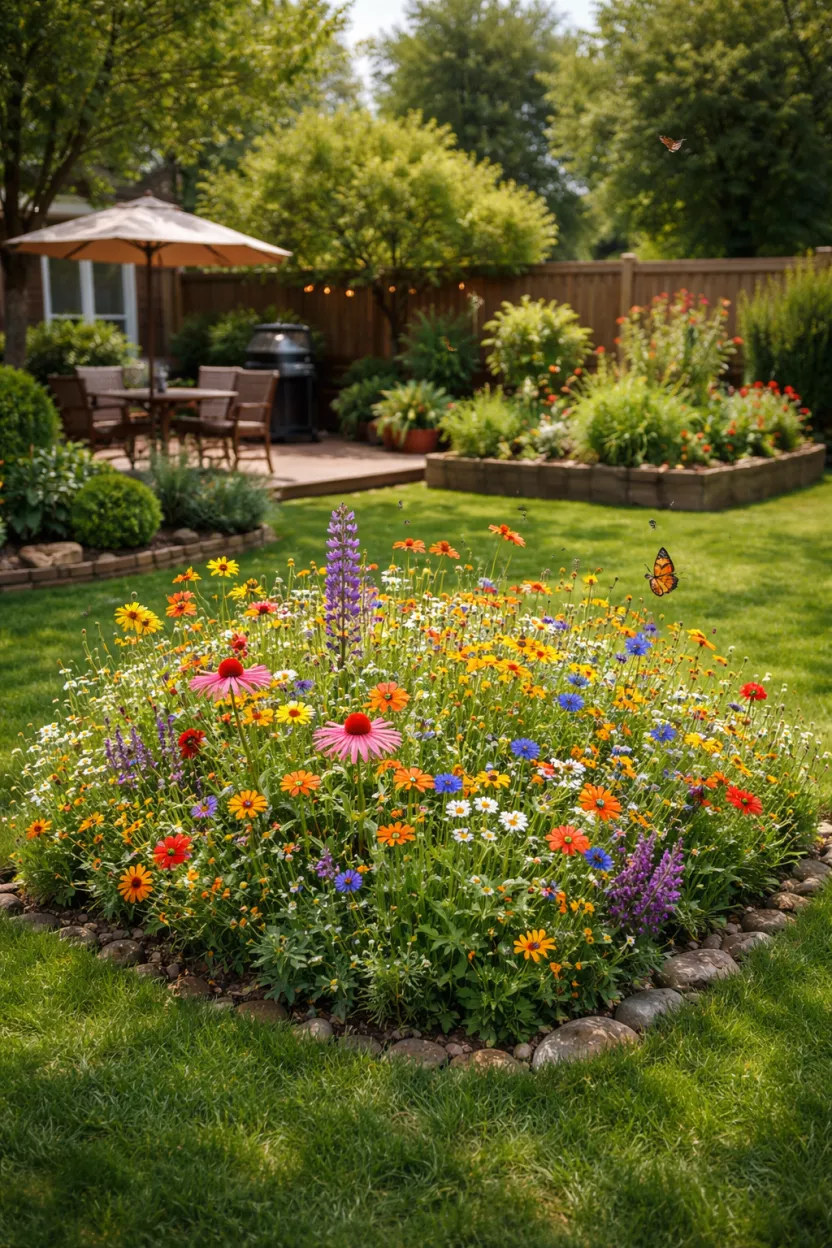 A photorealistic image of a typical American's backyard featuring a dedicated small patch of wildflowers thriving amidst other plants, creating a vibrant 'meadow pot' that attracts bees and butterflies, embodying eco-friendly garden design.