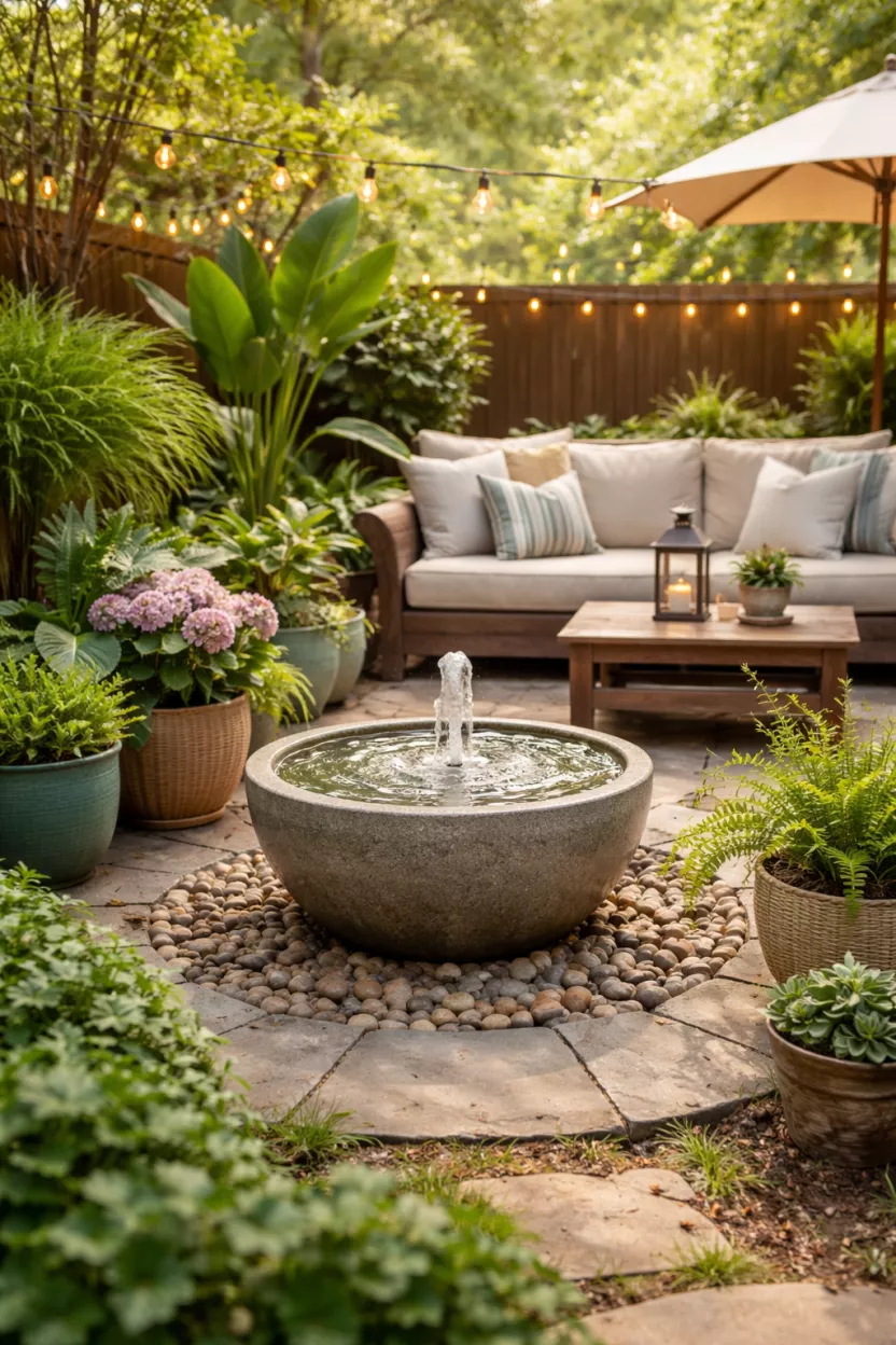 A photorealistic image of a typical American's backyard patio featuring a charming small bowl fountain emitting gentle trickling sounds, surrounded by lush potted plants to create a serene, spa-like atmosphere.