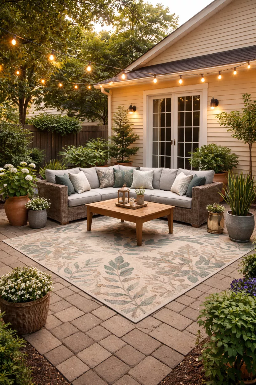 A photorealistic image of a typical American's backyard patio with a weather-resistant outdoor rug featuring a soft, earthy pattern, clearly defining a cozy sitting area with comfortable furniture and potted plants.