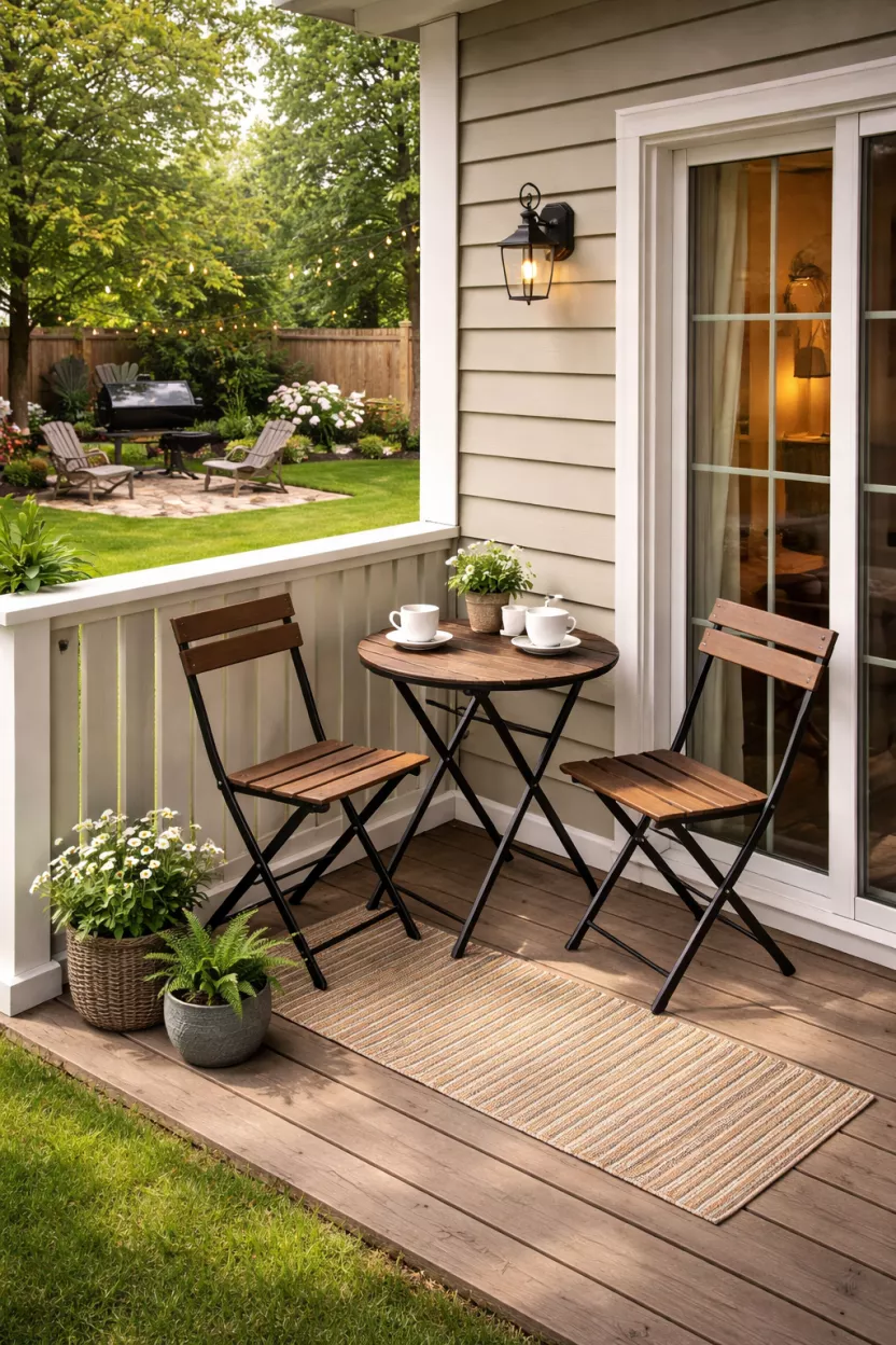 A photorealistic image of a typical American's backyard with a small balcony featuring a stylish foldable bistro table and two chairs tucked neatly against the wall, ready to be deployed for an intimate coffee break.