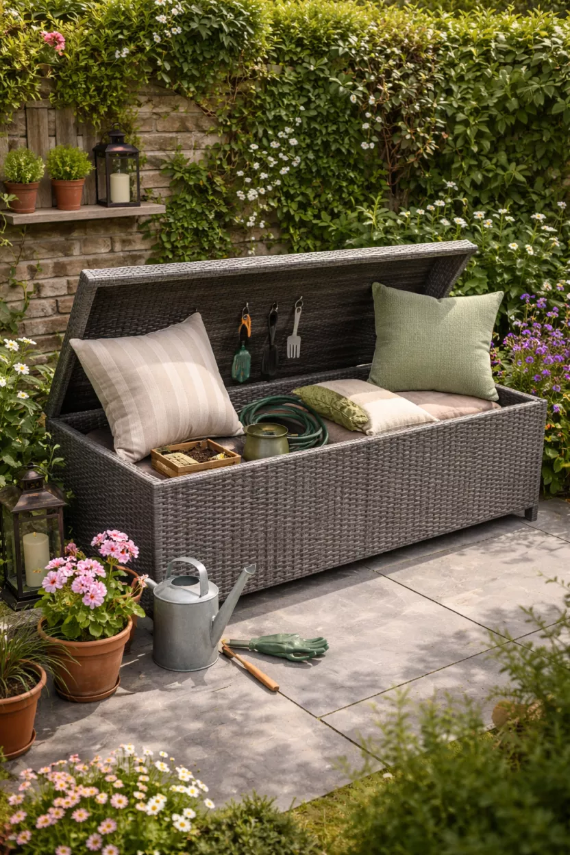 A small garden featuring a stylish storage bench with a lift-up lid, neatly concealing gardening tools and soft cushions, providing extra seating while keeping the outdoor space tidy.
