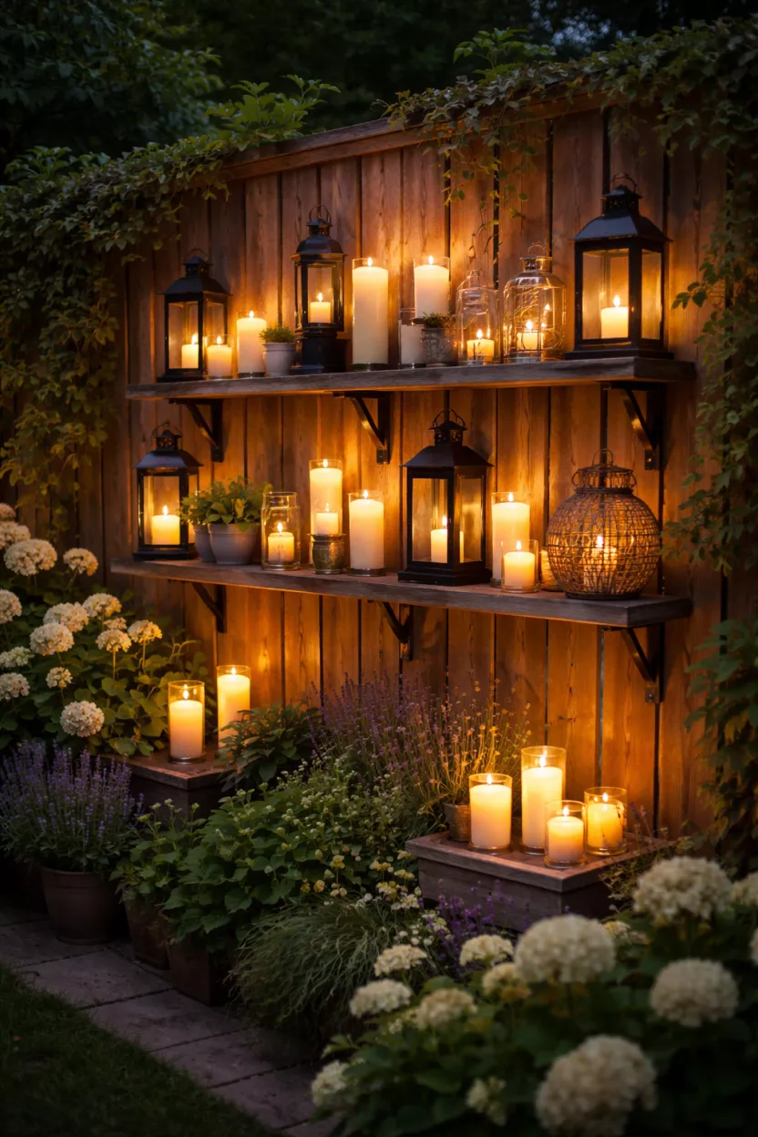 A small garden with narrow shelves and brackets mounted on a fence, displaying an array of flickering candles and stylish lanterns, adding vertical glow and drama without cluttering the ground.