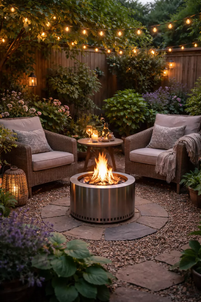 A small garden patio featuring a compact, smokeless fire bowl, acting as a warm focal point and extending the usability of the outdoor space into cooler evenings, radiating gentle warmth.
