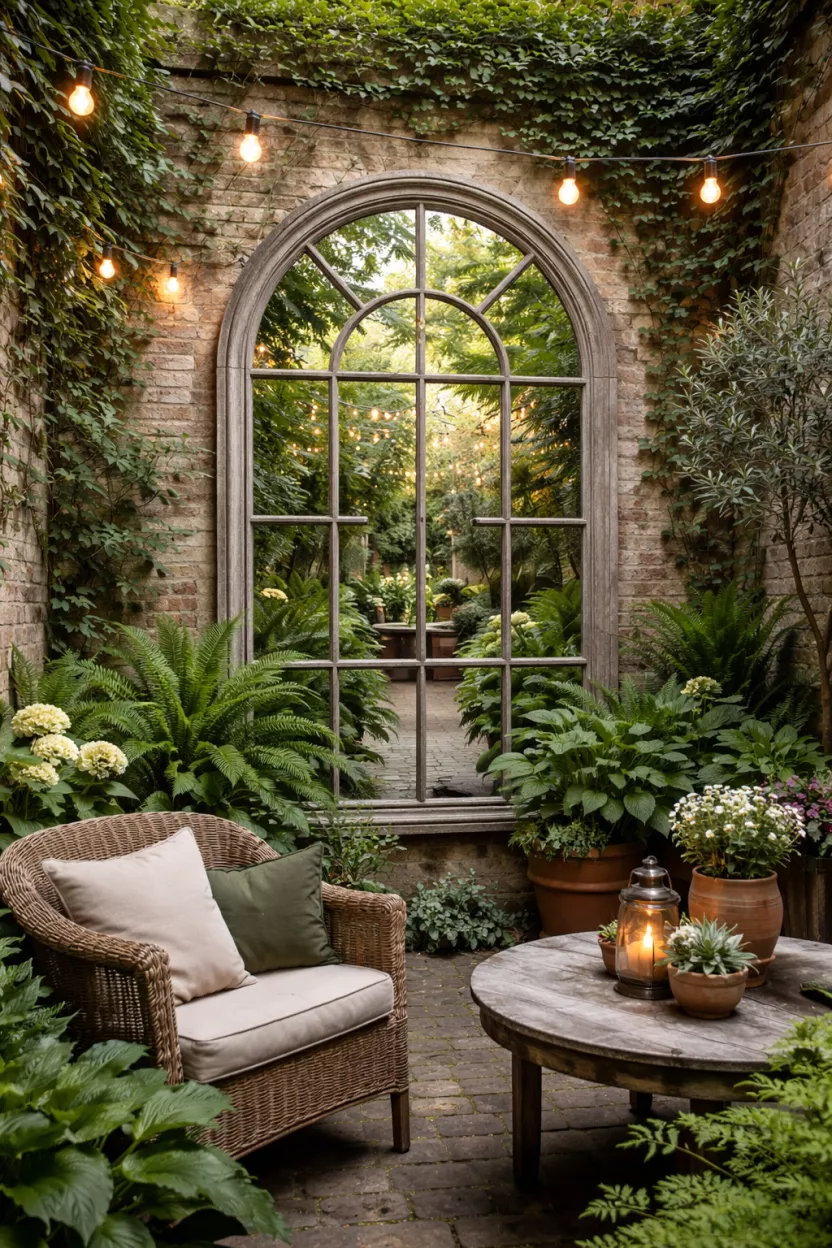 A small garden courtyard featuring a large, weather-proof mirror with an arched, window-style frame, reflecting lush plants and light, magically doubling the perceived size of the space.