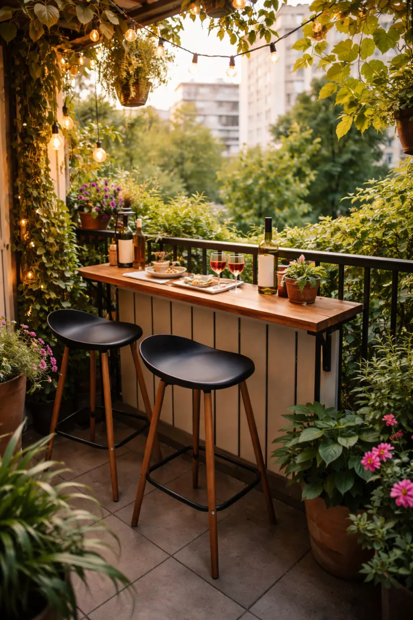 A small garden balcony with a narrow folding shelf mounted along the railing, serving as a compact outdoor bar or drinks ledge, with a couple of sleek stools, creating a micro social spot.