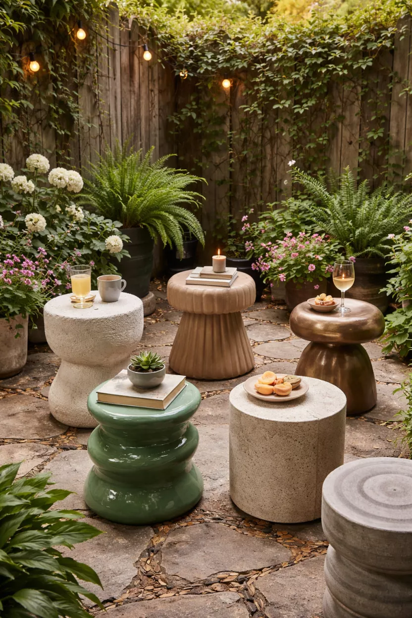 A small garden patio featuring a collection of sculptural ceramic, stone, and metal stools, cleverly serving as both extra seating and stylish side tables, highlighting their multi-tasking nature.