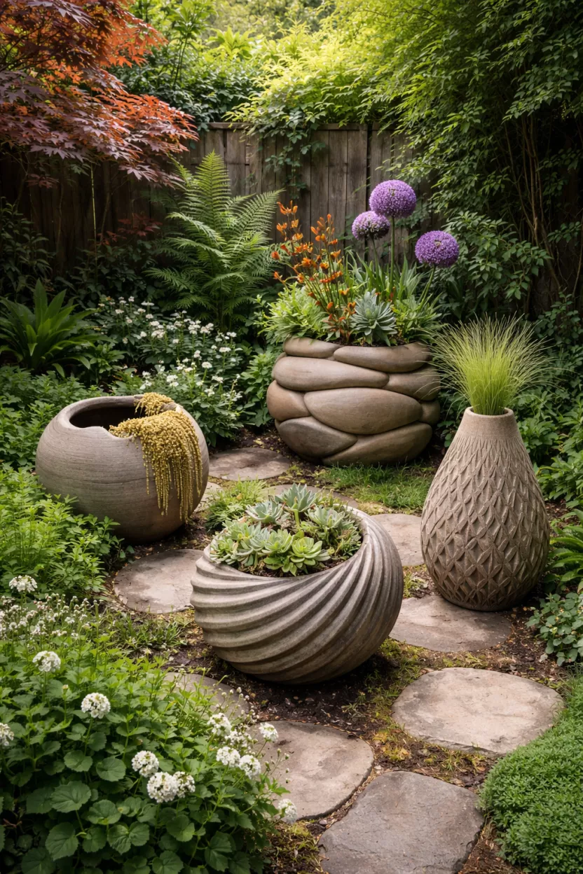 A small garden showcasing a few carefully selected, sculptural pots with unique shapes and textures, acting as artistic focal points, elevating the overall design of the tiny space.
