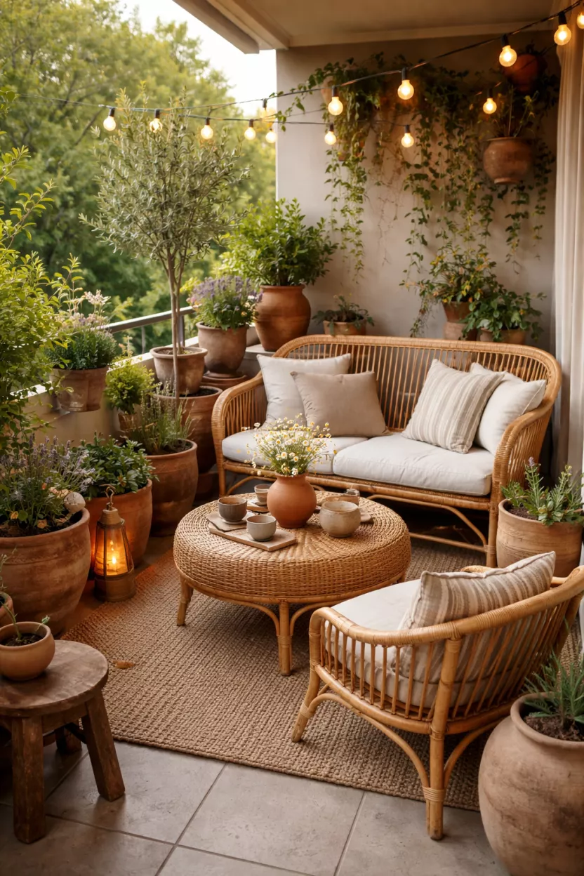 A small garden balcony decorated with furniture made of natural materials like rattan and wood, complemented by clay pots and stone accents, creating a grounded, cozy, and natural aesthetic.