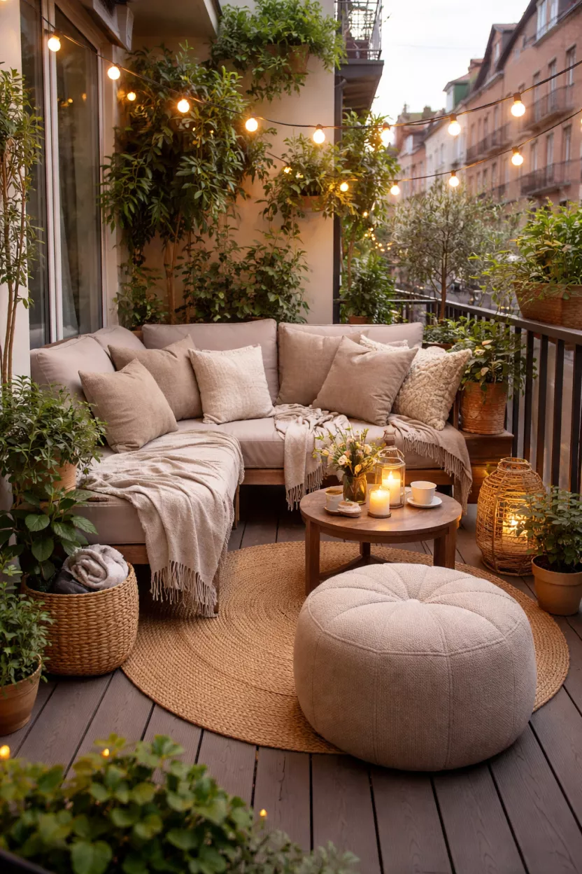 A small garden urban balcony transformed into an outdoor room with weather-resistant cushions, soft throws, and an upholstered pouf, softening hard surfaces and creating a cozy, inviting atmosphere.