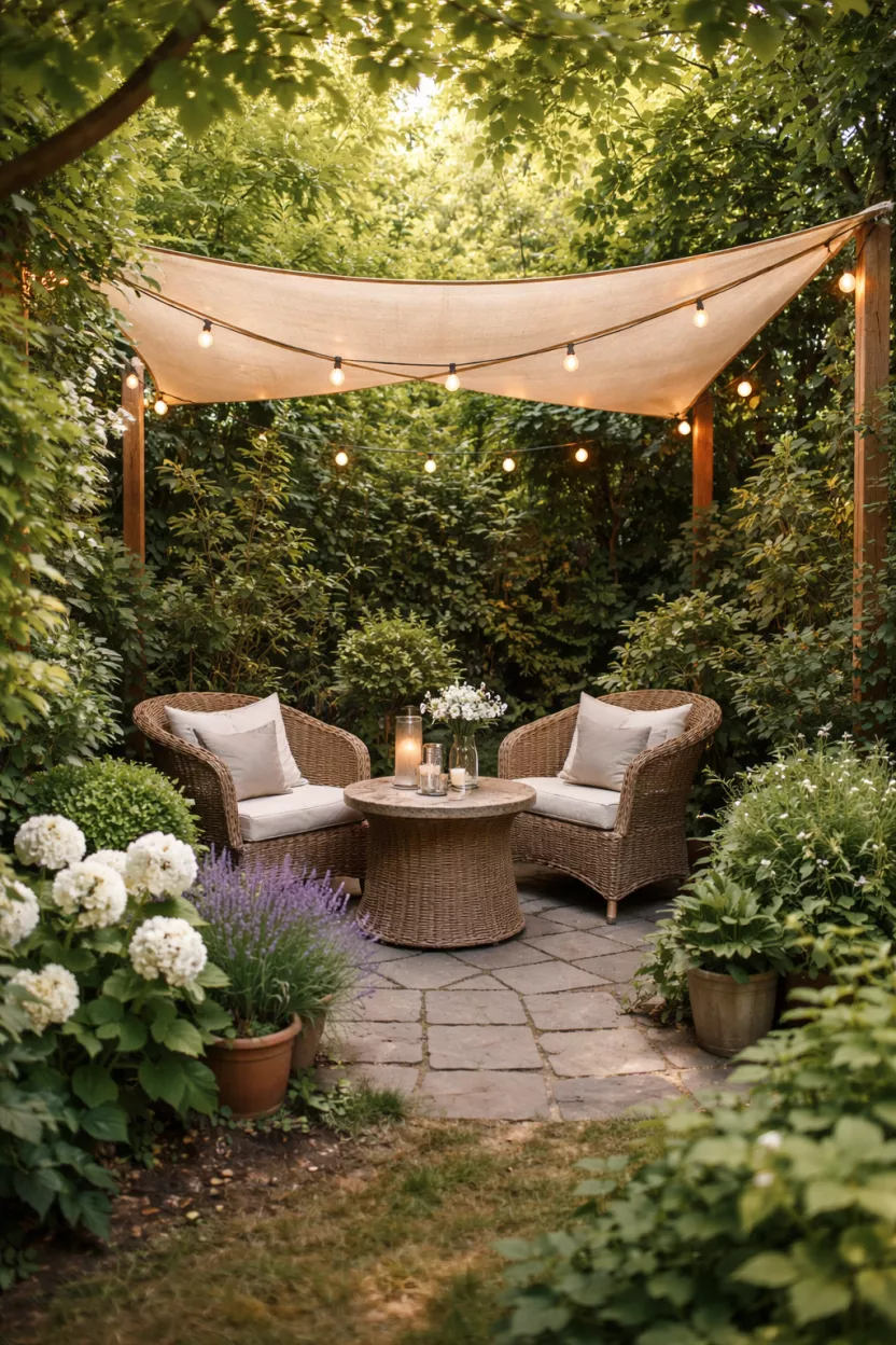 A small garden seating area made intimate and protected by a compact fabric shade sail overhead, providing both shade and a defined structure for the space.