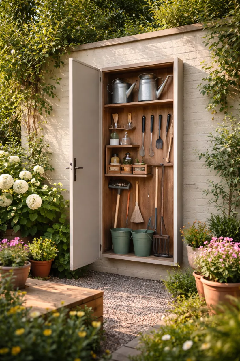 A photorealistic photo of a small garden with a slim, wall-mounted cabinet neatly concealing gardening tools and watering cans, ensuring the space remains tidy and functions as a peaceful retreat rather than a cluttered shed, shot on an iPhone 15 Pro Max.