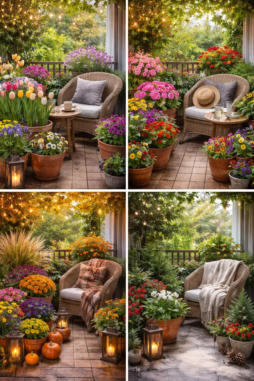 A small garden balcony featuring a rotation of container plantings, showcasing vibrant spring bulbs, lush summer flowers, rich autumn foliage, and cheerful winter evergreens, ensuring year-round visual interest.