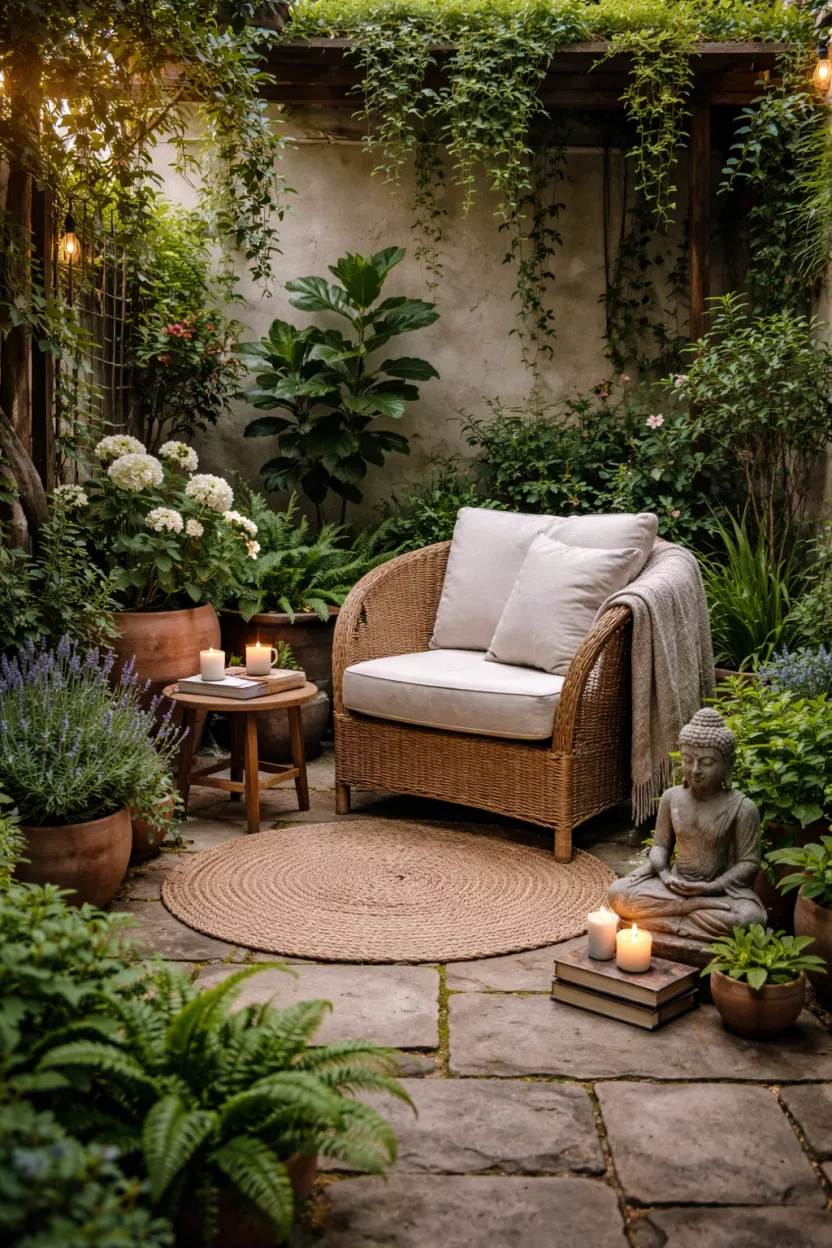 A small garden courtyard featuring a peaceful mindful corner with a single comfortable chair surrounded by lush pots, creating a designated serene spot for reading and meditation.