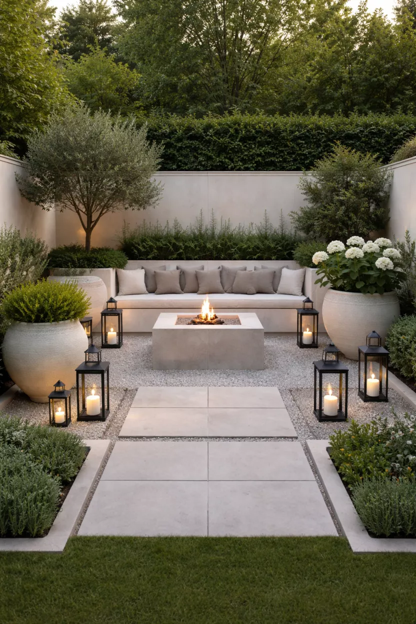 A small garden designed with strictly edited decor, featuring a consistent palette of lanterns, a single cushion style, and two standout pots, creating a curated, calm, and spacious rather than cluttered feel.