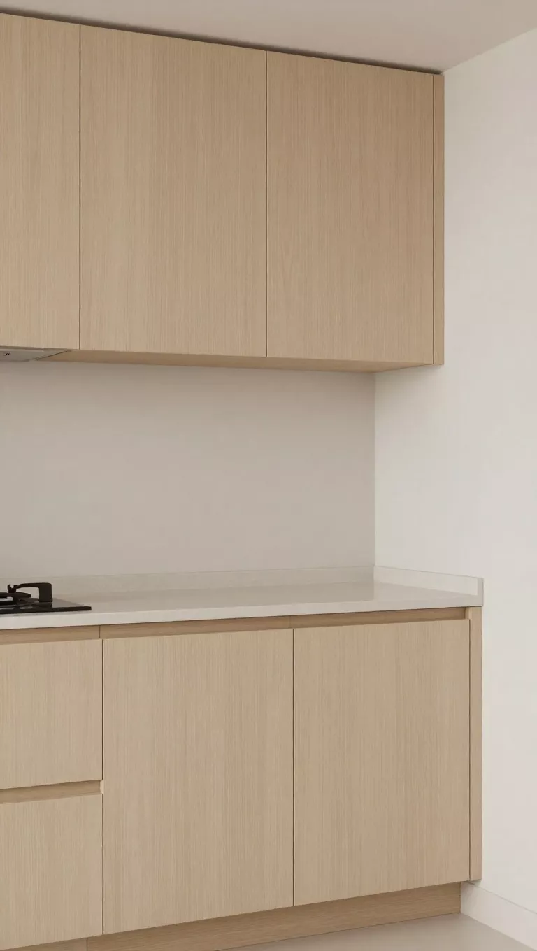 A small kitchen with sleek, flat-front cabinets in a light wood grain finish, featuring subtle ribbed texture, complemented by minimalist hardware, creating contemporary interest without appearing fussy or overpowering in the compact space.