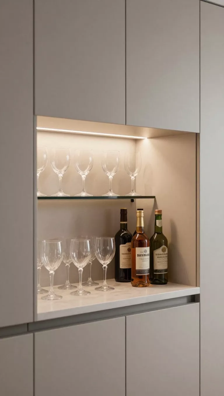 A small kitchen with a dedicated mini bar niche, featuring a compact section of counter space styled with elegant glassware and a few bottles, illuminated by a strip light, creating a luxurious and organized beverage station.