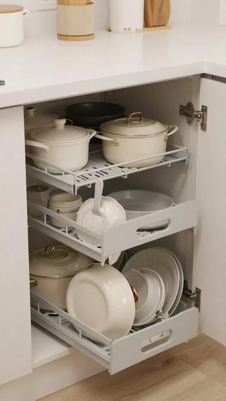 A small kitchen with lower cabinets replaced entirely by wide, deep drawers, neatly organized with peg systems holding pots, pans, and dishes, showcasing a clean and highly functional storage solution.